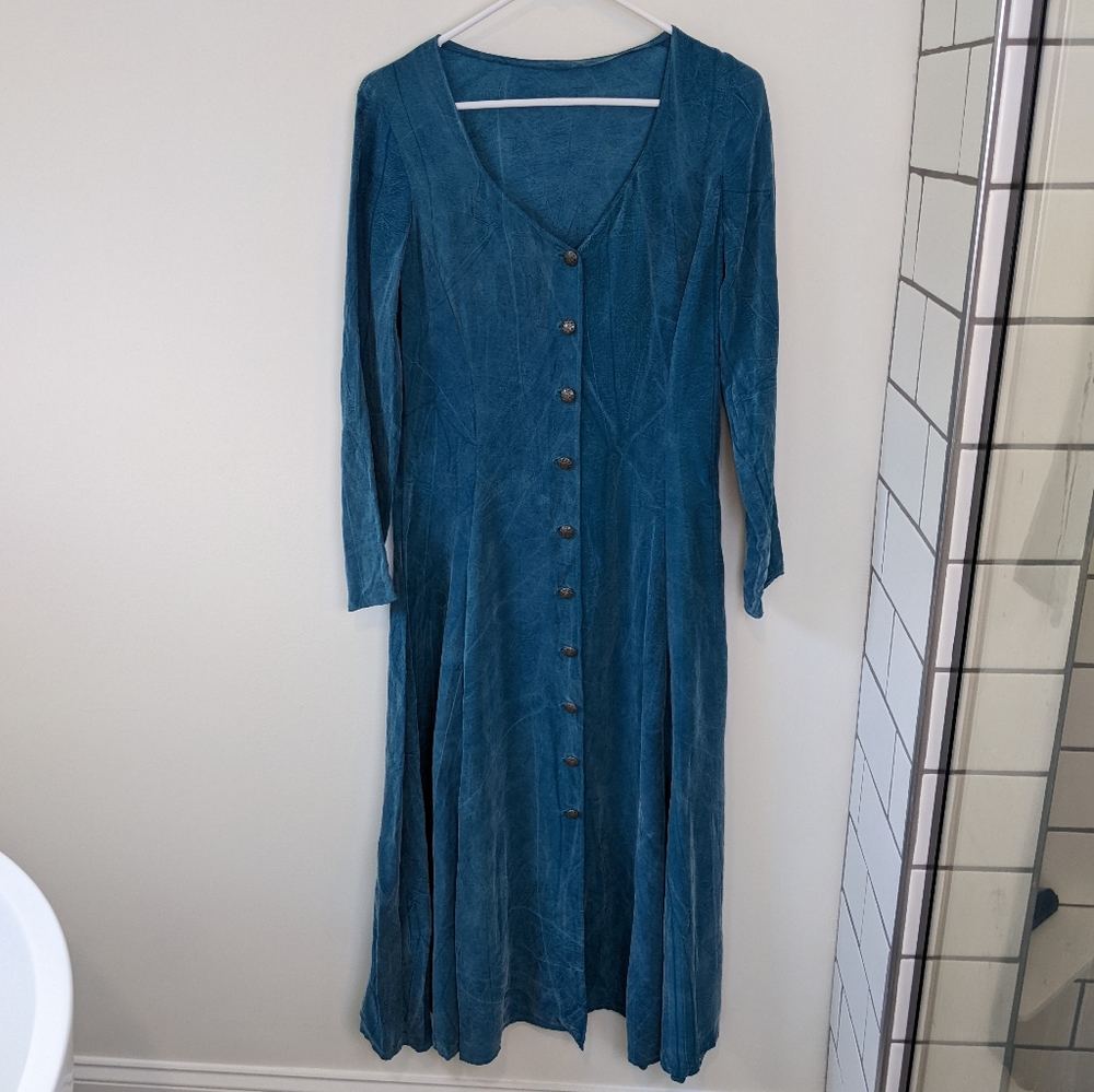 Vintage Maxi Length Turquoise Blue Button Up V Neck Dress